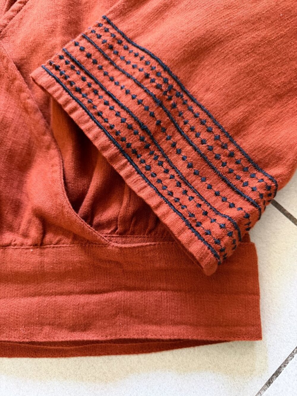 Rue Stiic Rust & Black Linen Embroidered Wrap Top Small Boho Festival Top - Picture 2 of 7